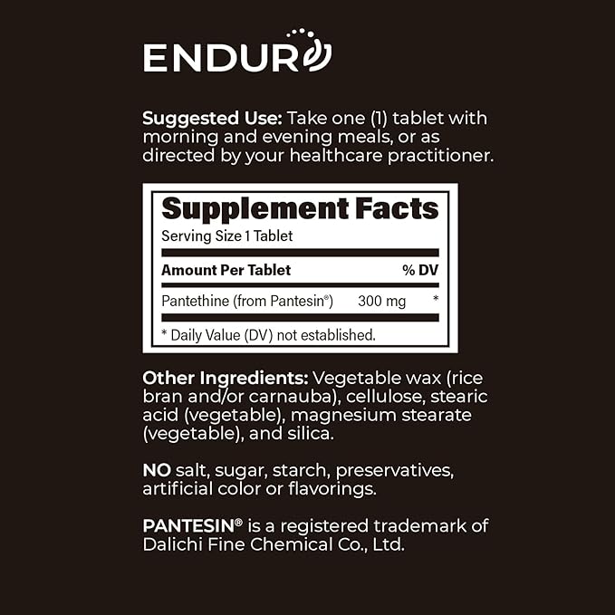 Endur Pantethine from Pantesin Liver Function &amp Healthy Cholesterol Balance Supplement Sustained Release Formula Gluten Free 300mg (90 Tablets)