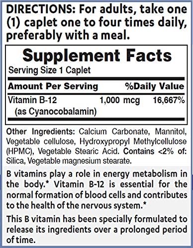 Vitamin World Vitamin B-12 1000 mcg. 250 caplets Supports Energy Metabolism Vegetarian Gluten Free