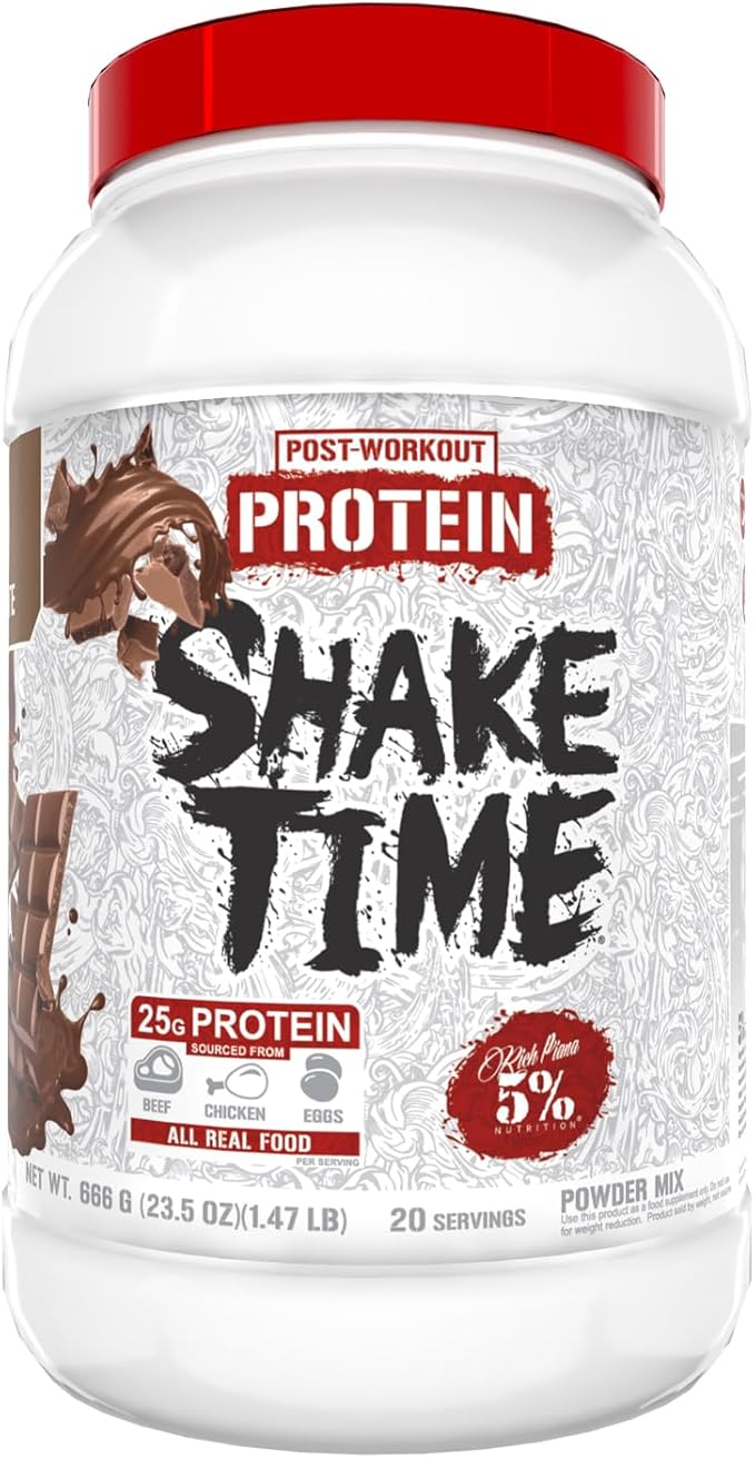 5% Nutrition Rich Piana Shake Time | 24g Animal Based Protein Drink | Grass-Fed Beef Isolate Chicken Egg | No Sugar or Soy (Chocolate)