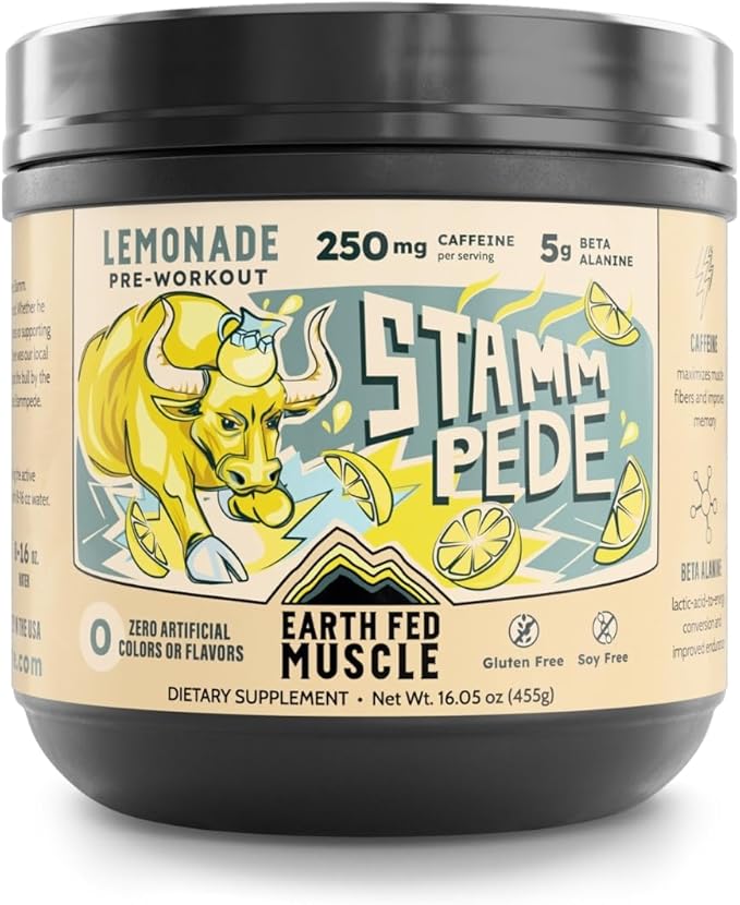 Earth Fed Muscle Stammpede Pre Workout Powder Lemonade Flavor 250mg Caffeine Powder 5g Beta Alanine Citrulline Taurine &amp Tyrosine Gluten &amp Sugar Free Pre Workout Keto Friendly 26 Servi