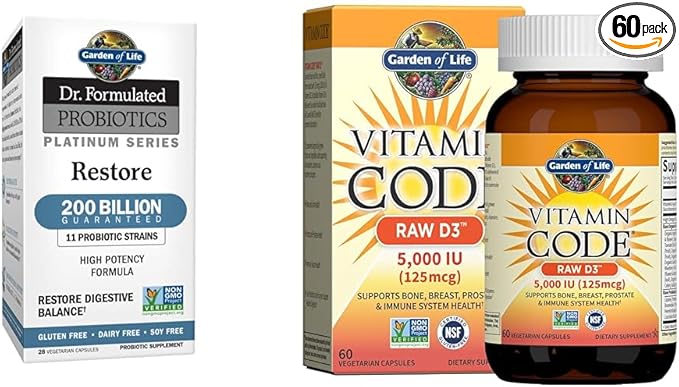 Garden of Life Dr. Formulated Probiotics Platinum Series Restore 200 Billion &amp Vitamin D Vitamin Code Raw D3 Vitamin D 5000 IU Raw Whole Food Vitamin D