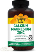 Country Life Calcium Magnesium Zinc with L-Glutamic Acid Dietary Supplement for Bone Support Certified Gluten Free  1000mg/500mg/50mg 250 Tablets