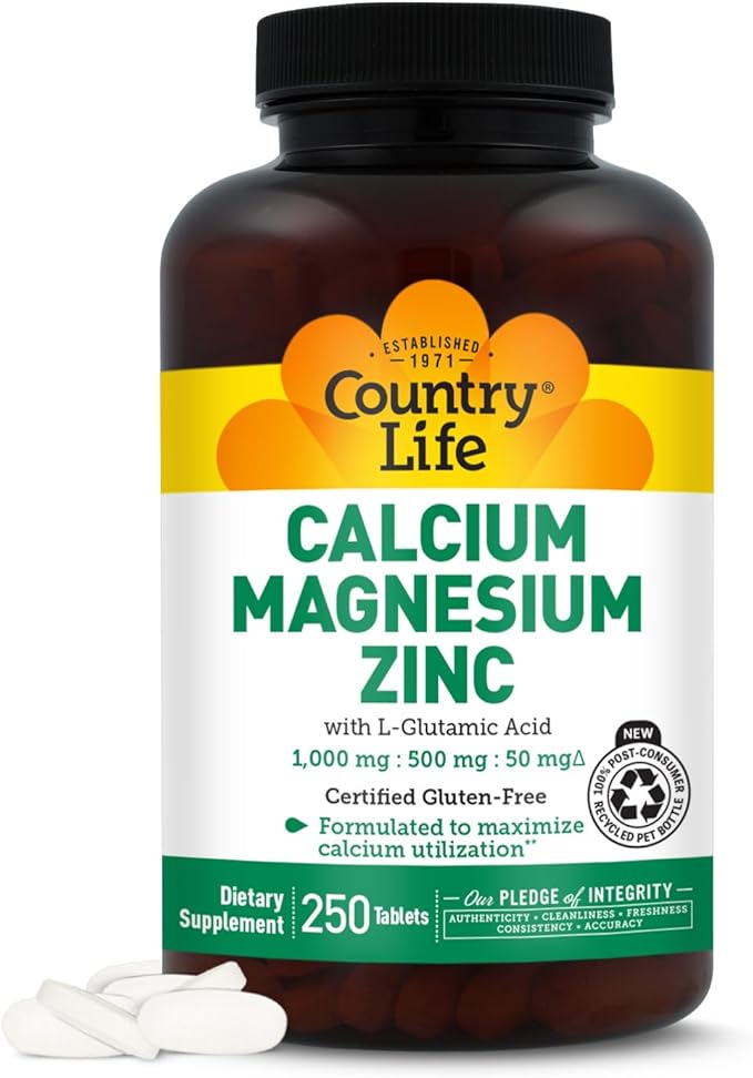 Country Life Calcium Magnesium Zinc with L-Glutamic Acid Dietary Supplement for Bone Support Certified Gluten Free  1000mg/500mg/50mg 250 Tablets