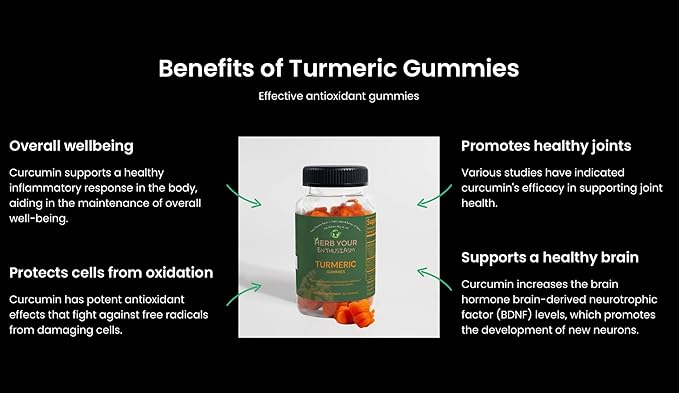 USA Herb Your Enthusiasm Vegan Turmeric Gummies 60 Count - Organic All Natural Curcumin Supplement for Joint Health Turmeric/Ginger Flavor