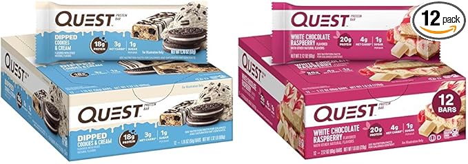 Quest Nutrition Dipped Chocolate Cookies &amp Cream Protein Bars High Protein Low Carb Gluten Free &amp White Chocolate Raspberry Protein Bars High Protein Low Carb Gluten Free