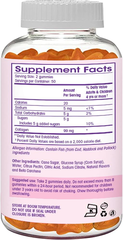 Collagen Gummies- Natural Marine Collagen for Women and Men- Collagen Supplements for Skin Hair Nails- Hydrolyzed Type 2 &amp 1 3- Replace Pills and Powders - No Gelatin Kosher Halal- 100 Ct.