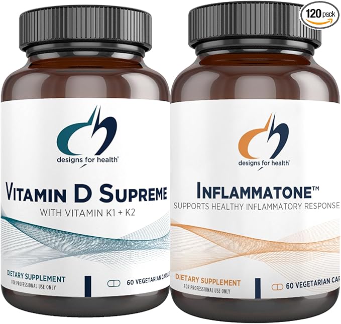 Designs for Health Vitamin D Supreme + Inflammatone Bundle - Vitamin D3 5000 IU + 2000mcg Vitamin K with an Enzyme Botanical Blend to Promote Healthy Inflammatory Response - 2 Products