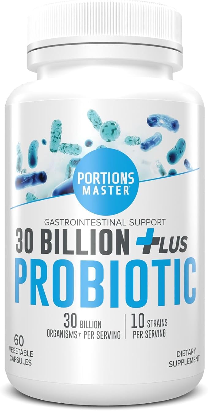 Portions Master 30 Billion Probiotic Plus High Potency Probiotic Supplement with Multiple Strains Supports Digestive Health Immune Balance &amp Gut Flora (60 Vegetarian Capsules)