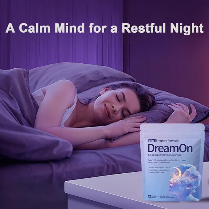 DreamOn Sleep Optimization Gummies for Adult with Reishi Cordyceps Lions Mane Turkey Tail L-Theanine Magnesium &amp 2.5mg Melatonin for Sleep Support 60 Gummies