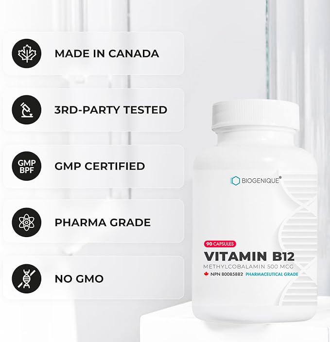 Vitamin B12 - as Methylcobalamin Supports Energy Metabolism Nervous System Health Blood Cell Function and Methylation - Non OGM Gluten-Free Vitamin Supplement 90 Capsules