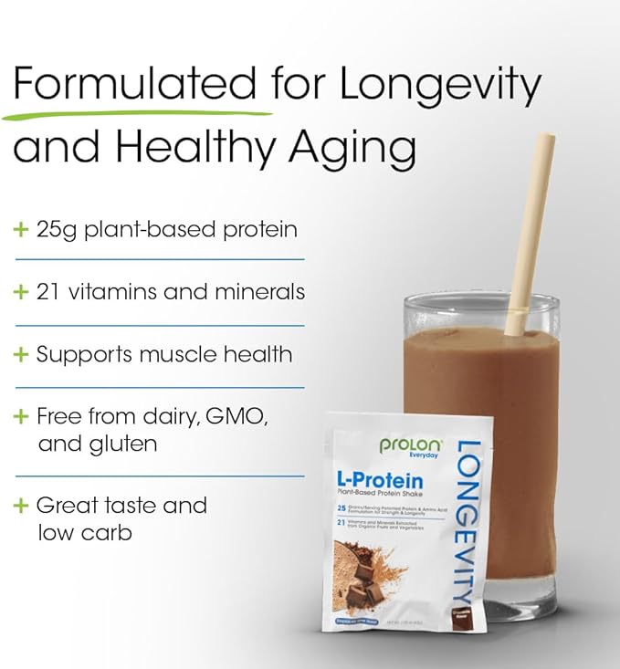 Prolon Longevity Plant Based Protein Powder | Muscle Synthesis &amp Repair Healthy Aging Boost Performance | Vitamins Gluten Free Amino Acids | 25g of Protein | Chocolate and Berry 24 Packets
