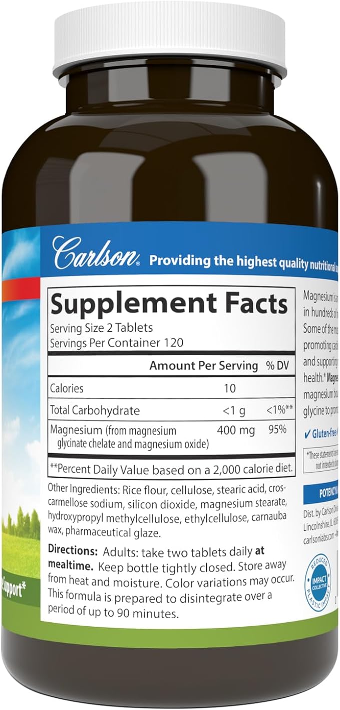Carlson – Buffered Magnesium 400 mg – Gentle Absorption for Heart &amp Muscle Function Bone Support 240 Tablets