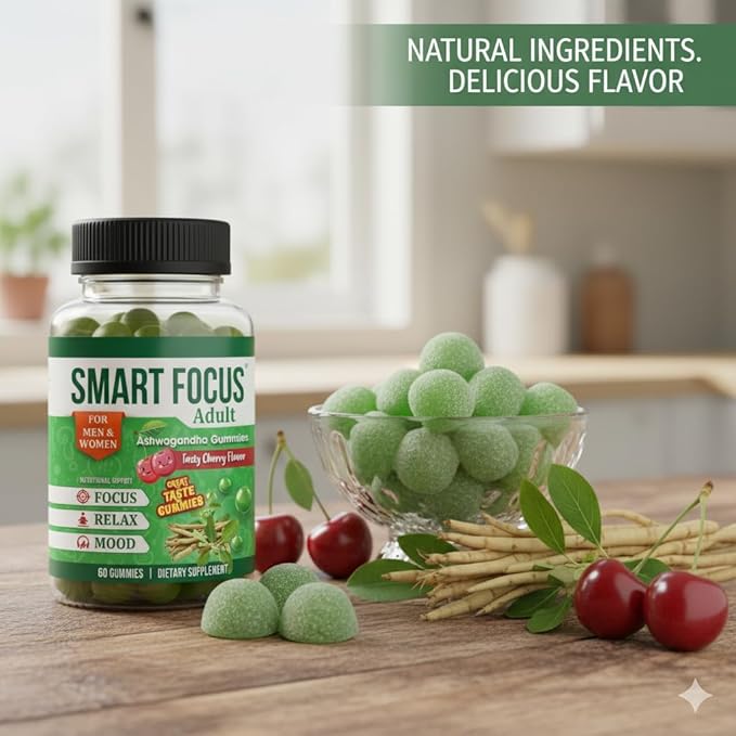 Ashwagandha Gummies for Focus Support - Organic Ashwagandha Supplement for Men &amp Women Brain &amp Memory Support Adaptogenic Calm Gummies with Ashwagandha Root - 60 Gummies