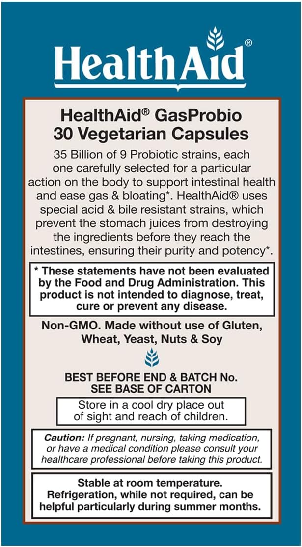 HealthAid Title: GasProbio 35 Billion CFU 9‑Strain Vegetarian Probiotic + Prebiotic 30 Capsules | Acid &amp Bile Resistant Non‑GMO Digestive &amp Gas Support