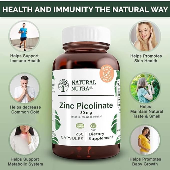 NNatural Nutra Zinc Picolinate 30 mg Double Strength Raw and Pure Highly Bioavailable Supplement for Growth &amp Immune Support Decrease Common Cold and Support Metabolic System 250 Capsule (2 Pa