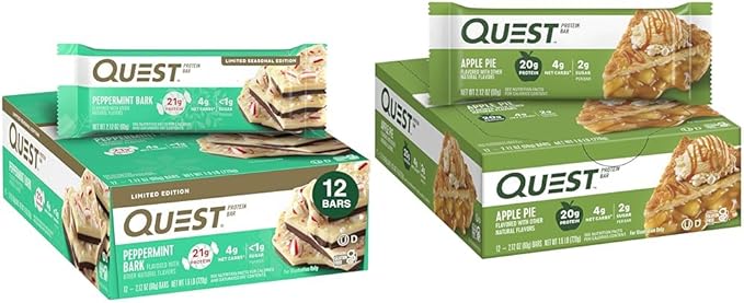 Quest Nutrition Peppermint Bark Protein Bar 21g Protein 4g Net Carb 1g Sugar Gluten Free &amp Apple Pie Protein Bar 20g Protein 4g Net Carbs 2g Sugar Gluten Free Keto Friendly