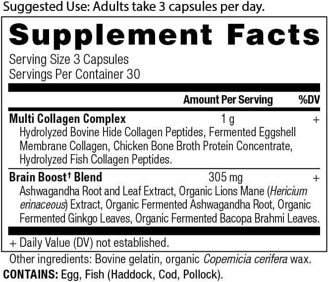 Ancient Nutrition Collagen Protein Brain Boost Collagen Protein Capsules Brain Supplement for Reduced Joint Discomfort Healthy Skin and Nails 90 ct