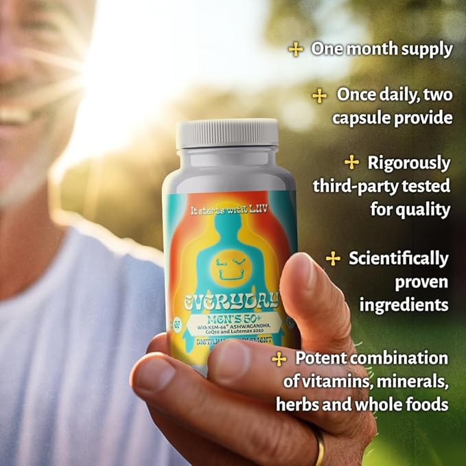 LUV Everyday™ Men’s 50+ Multivitamin - Adult Formula Daily Nutritional Support with Iron Calcium KSM-66 Ashwaganda CoQ10 Lycopene and Lutemax 2020- Vegetarian Gluten-Free &amp Non-GMO - 60 Capsu