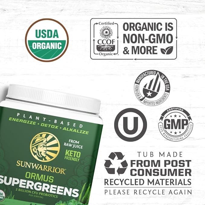 Sunwarrior Organic Greens Probiotic Powder &amp Plant Based Protein Powder Set | Bundle &amp Save | Ormus Supergreens Plus Vegan Organic Warrior Blend (30 Servings Protein 45 Servings Greens)