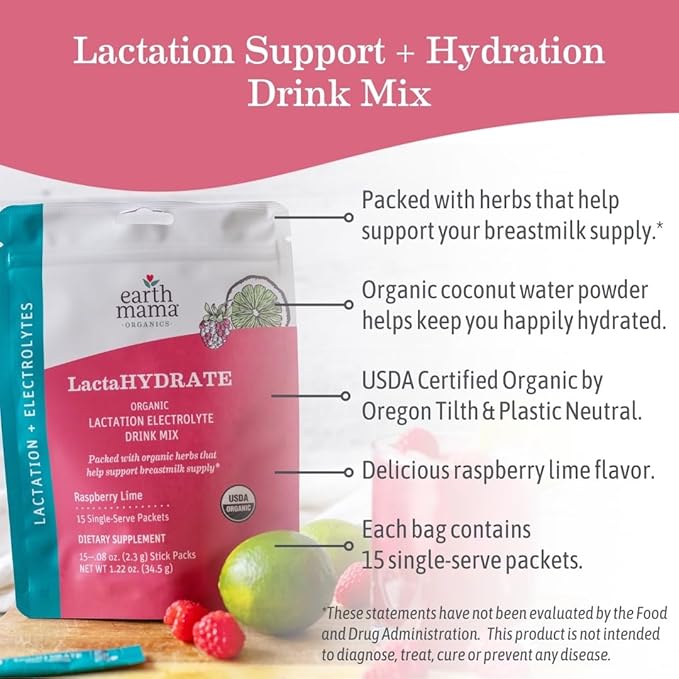 Earth Mama Organic LactaHYDRATE Lactation Hydration Drink Mix - 3.35 oz - USDA Certified Organic Electrolyte Drink with Herbs - Used to Help Support Breastmilk Supply for Breastfeeding &amp Pumping M