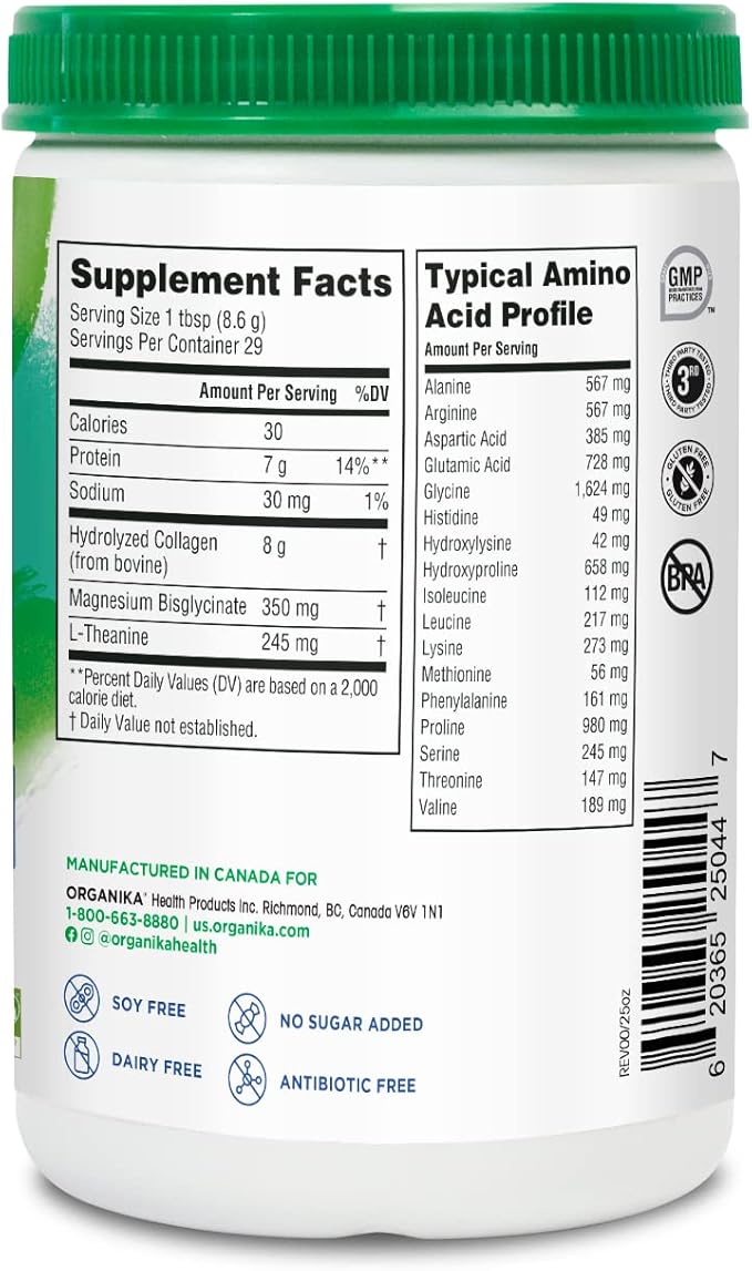 Organika Enhanced Relax Collagen Peptides Powder with L-Theanine &amp Magnesium Bisglycinate (9 oz): Enriched Collagen Powder for Women &amp Men - Skin Hair Joints - Sleep Vitality Relaxation