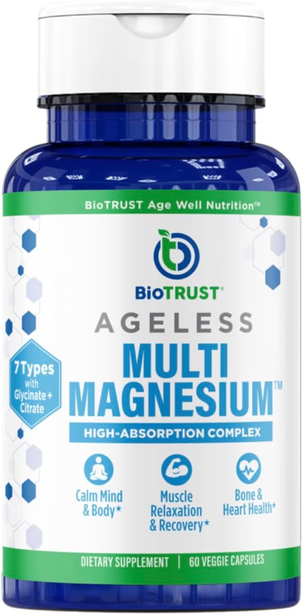 BioTrust Multi Magnesium Complex - High-Absorption 7-in-1 Supplement with Glycinate Malate Citrate Taurate Sucrosomial &amp More for Relaxation Focus Muscle Support - B6 &amp L-Theanine 60 Ca
