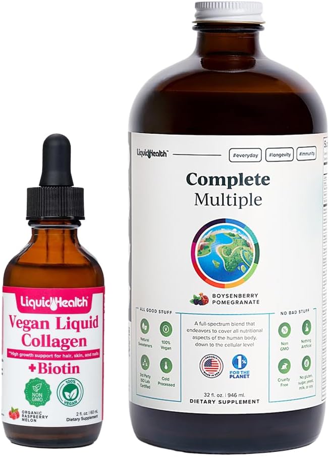 LIQUIDHEALTH Vegan Liquid Collagen Plus Biotin Drops &amp Complete Multiple Adult Daily Multivitamin Wellness Bundle - Hair &amp Nail Growth Skin Health Immune &amp Energy Support - USA Made Veg
