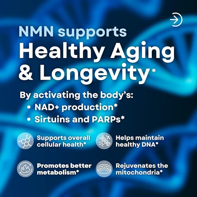NMN 750mg Per Capsule - 99% Pure Nicotinamide Mononucleotide - Increased NAD+ Mitochondrial Function Healthy Aging Brain Health &amp Energy Support - 60 Capsules Non GMO Gluten Free Supplement