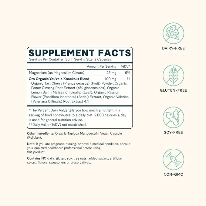 Ora Organic Natural Sleep Aid Supplement Stress Support Calming Herbal Blend with Melatonin from Tart Cherry - Includes Magnesium Citrate Valerian Root and Lemon Balm - 1 Month Supply 60 Capsules