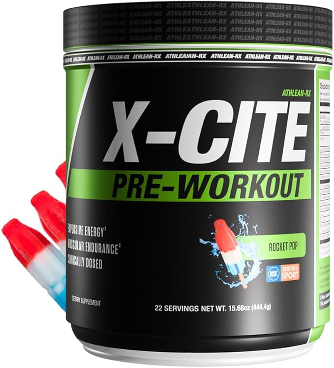 X-CITE Pre-Workout by ATHLEAN-X - Enhanced Formula with Beta-Alanine Creatine &amp Caffeine for Ultimate Energy Endurance Focus &amp Muscle Pump NSF Certified for Sports (Rocket Pop)