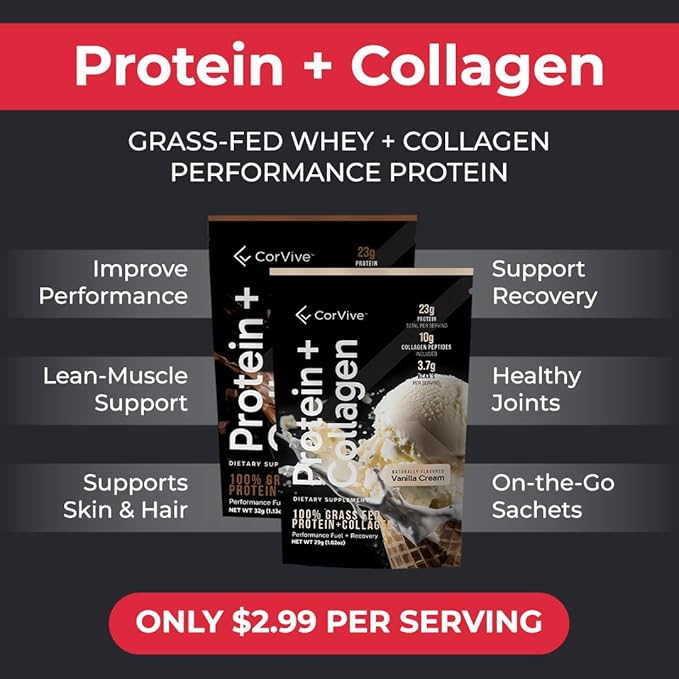 Protein + Collagen Powder | 23g Protein (Grass-Fed Whey + Collagen) | 3.7g BCAAs | Supports Muscle &amp Joint Health | Gluten &amp Soy Free | No Artificial Ingredients | 15 Sachets - Vanilla