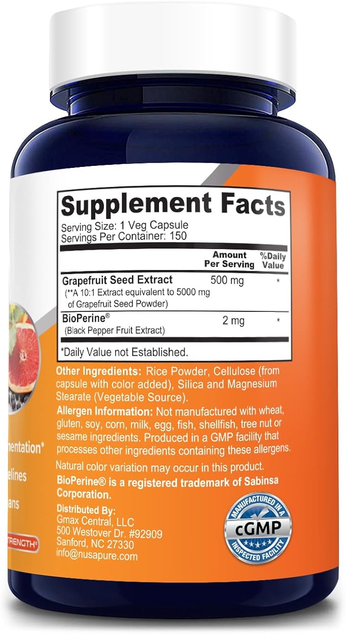NusaPure Grapefruit Extract 5000 mg per Capsule (Extract 10:1) Bioperine 150 Veggie caps (Gluten Free &amp Non-GMO)
