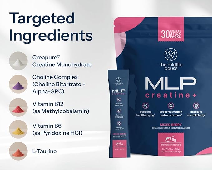 Midlife Pause MLP Creatine + Creapure Creatine Powder Mixed Berry 30 Servings Stick Packs 5g per Serving Alpha GPC + B Vitamins Supports Strength Lean Muscle &amp Recovery for Women