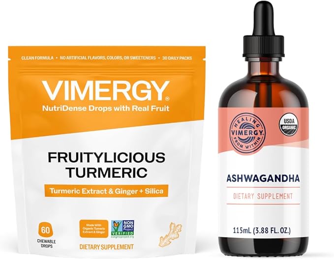 Vimergy NutriDense Fruitylicious Turmeric + Ginger Chewables (60 Count) &amp Liquid Ashwagandha Extract (115 mL)