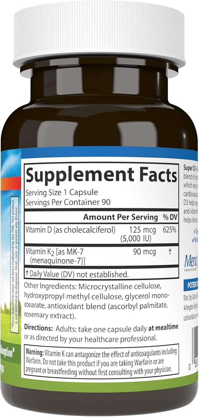 Carlson - Super D3 + K2 125 mcg (5000 IU) Vitamin D3 90 mcg Vitamin K2 as MK-7 Bone Support Calcium Absorption 90 Vegetarian Capsules