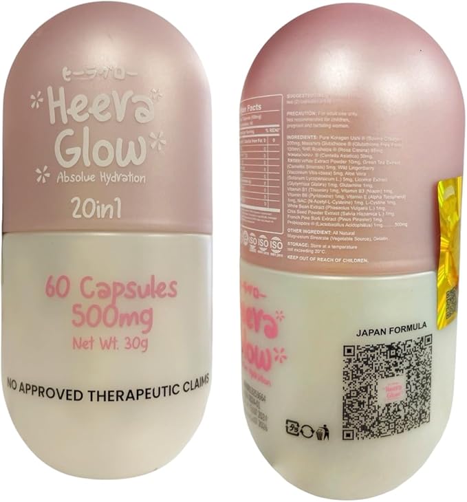 60 Count Heera Glow Absolute Hydration 20 in 1 Glutathione Collagen Capsules
