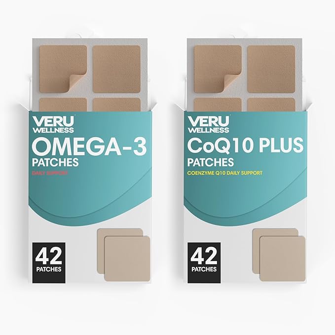 Veru Wellness Cardiovascular &amp Brain Strength Duo Lifestyle Patches Omega3 Coenzyme Q10 - Self Adhesive Time Release Topical Patch 8-10 Hours (42 Day Supply)