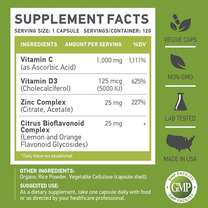 2 Pack C D Z | Vitamin C 1000mg | Vitamin D3 125mcg | Zinc 25mg | Non-GMO &amp Gluten Free | 240 Servings