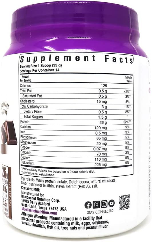 Bluebonnet Nutrition Whey Protein Isolate Powder Whey From Grass Fed Cows 26g of Protein No Sugar Added Gluten Free Soy free kosher Dairy 1 Lb 14 Servings Chocolate Flavor
