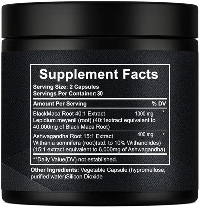 40:1 Black Maca Root Extract + Ashwagandha Capsules (40000MG) – Natural Energy Focus Mood &amp Vitality Support for Men &amp Women – Herbal Adaptogen Blend – 60 Vegan Capsules