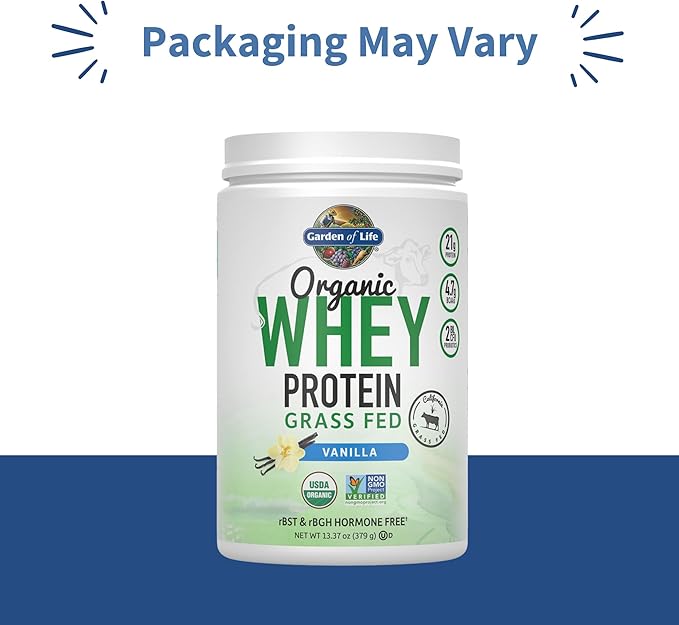 Garden of Life Grass Fed Whey Protein Powder Vanilla - 21g Protein for Women &amp Men + Probiotics - 12 Servings - Gluten Free Non GMO Kosher Humane RBST &amp rBGH Hormone Free