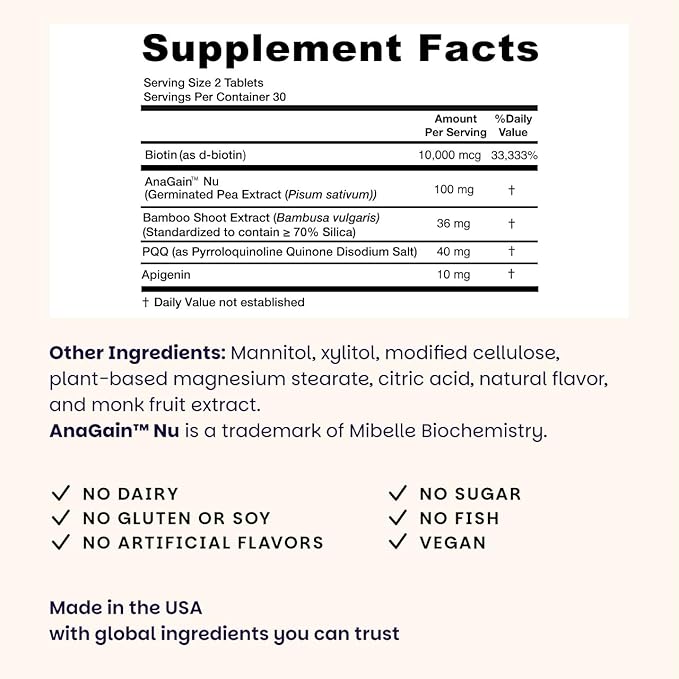 EZ Melts Hair Health Complete - Hair Supplement to Support Strength &amp Growth - Includes AnaGain Nu Biotin Apigenin Bambo Silica &amp More - 60 Sublingual Tablets (30 Servings)
