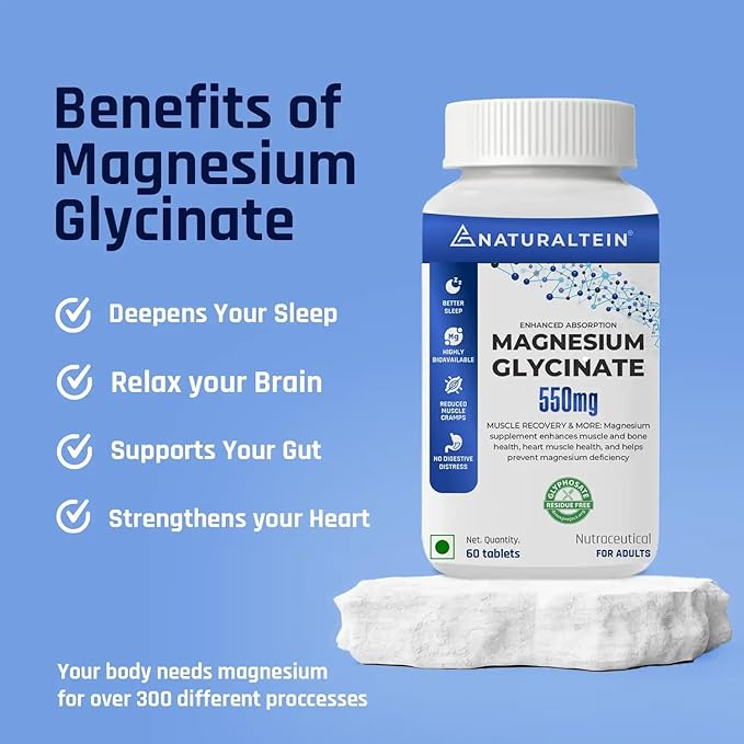 Magnesium Glycinate Supplement - 60 Tablets x 121 mg Elemental Magnesium 555 mg Once Daily Women Pure Chelated Bisglycinate for Good Health and Sleep - Tested and Trusted for Heavy Metals