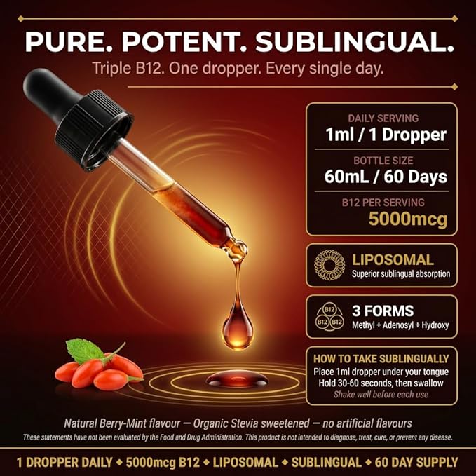 Liposomal B12 Triple Active Complex 5000mcg Liquid Drops Methylcobalamin B12 with Folate Liposomal Liquid Formula Easy Daily Use