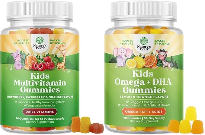 Bundle of Plant Based Kids Multivitamin Gummies with Vitamins A C D3 E B6 &amp B12 Zinc &amp Iodine and Kids DHA Omega 3 Gummies with Vegetarian 6 9 for Vision Brain &amp Immunity - Non GMO Su