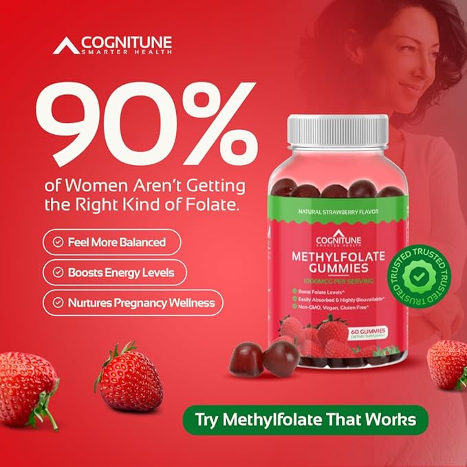 CogniTune Methylfolate Gummies - Easy to Take High Potency L-Methylfolate Folate Supplement for Brain Heart Health &amp Immunity Delicious Strawberry Flavor Non-GMO Vegan Gluten-Free