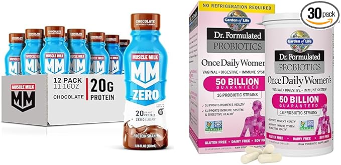 Muscle Milk Zero Protein Shake Chocolate20g Protein Zero Sugar &amp Garden of Life Dr. Formulated Women's Probiotics Once Daily 16 Strains 50 Billion 30 Count (Pack of 1)