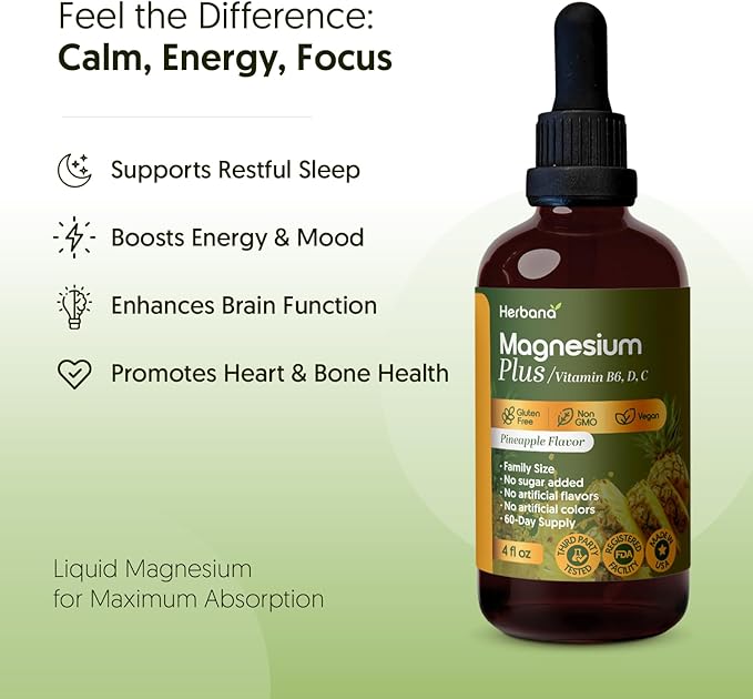 Magnesium Plus Pineapple Flavor - Magnesium Citrate Glycinate/L-threonate &amp Vitamin B6 D C/Liquid Drops Supplement 4 fl oz - Advanced Complex - 60-Day Supply