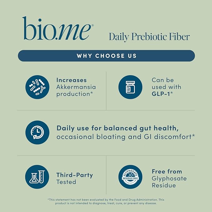 Bio.me Daily Prebiotic Fiber Powder Unflavored - 7g Per Serving - Soluble &amp Insoluble Fiber Supplement Powder for Women &amp Men - Digestive Health &amp Gut Health - GLP-1 Friendly Sugar Free -