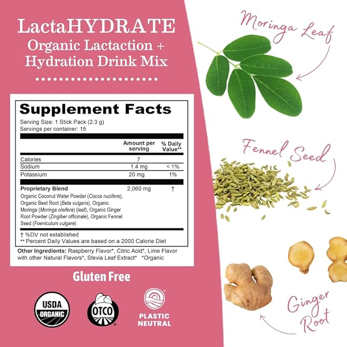 Earth Mama Organic LactaHYDRATE Lactation Hydration Drink Mix - 3.35 oz - USDA Certified Organic Electrolyte Drink with Herbs - Used to Help Support Breastmilk Supply for Breastfeeding &amp Pumping M